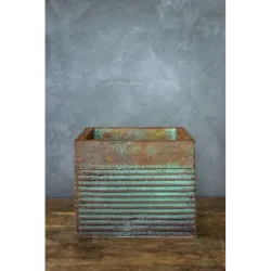 Osłonka na donicę loft 25x25x21 cm – ręczna produkcja, brązowo-turkusowa dekoracja z paskami 3D