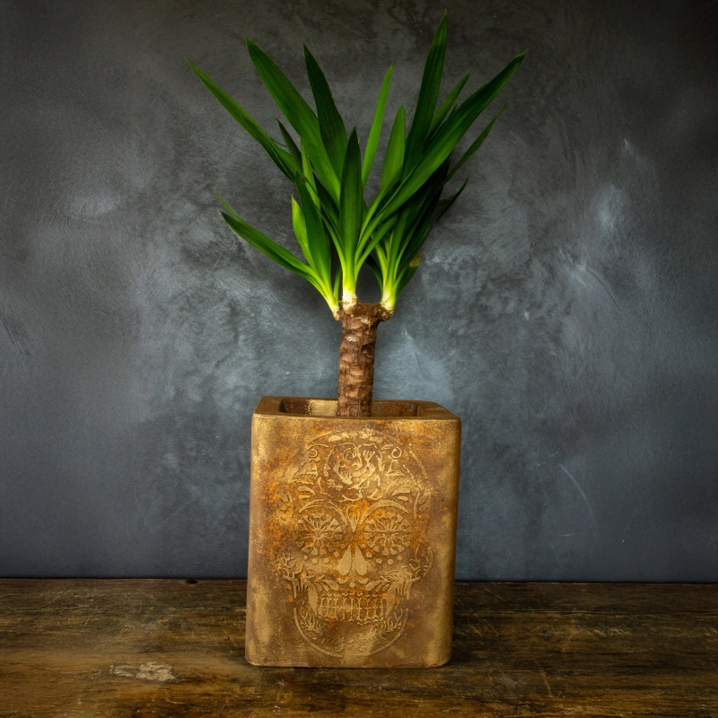 Donica cortenowa z czaszką 27x27x30 cm – wyjątkowa forma w stylu industrialnym
