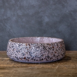 Pudrowa okrągła doniczka z marmurem niska Dodo – Kama 3 | Designerska misa betonowa