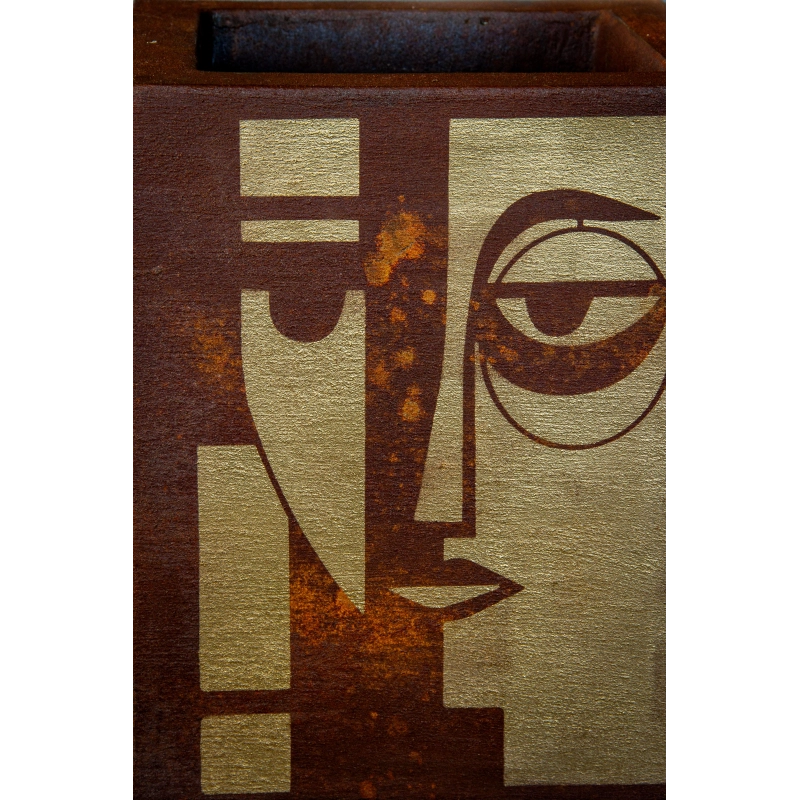 Osłonka na doniczkę efekt rdzy ze złotym wzorem 21 x 21 x 30 cm– industrialna, ręcznie wykonana