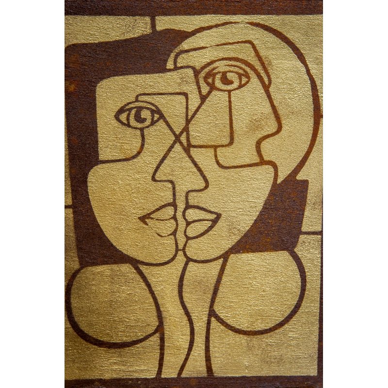 Osłonka na doniczkę loft 21 x 21 x 30 cm– kwadratowa, ręcznie malowana, korten ze złotą geometryczną ilustracją twarzy