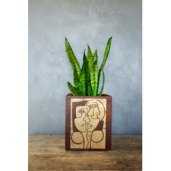 Osłonka na doniczkę loft 21 x 21 x 30 cm– kwadratowa, ręcznie malowana, korten ze złotą geometryczną ilustracją twarzy