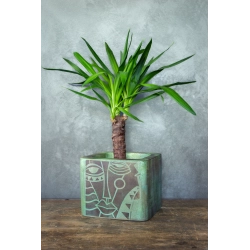 Osłonka na doniczkę z abstrakcyjną twarzą 25 × 25 × 21 cm – artystyczna, ręcznie malowana, efekt postarzanego metalu