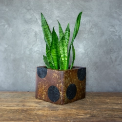 Osłonka doniczkowa inspirowana Marsem z czarnymi geometrycznymi planetami w stylu industrialnym.