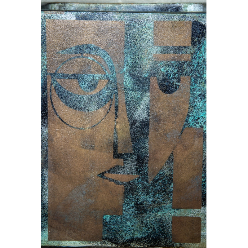 Osłonka na doniczkę z twarzą 30 × 30 × 30 cm – ręcznie malowana, efekt kortenu, artystyczny design