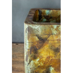 Osłonka na doniczkę 30 × 30 × 30 cm – ręcznie malowana, efekt kortenu z turkusową patyną