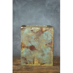 Osłonka na doniczkę z efektem antycznego metalu 25 x 25 x 30 cm – ręcznie malowana, patyna turkusowo-rdzawa