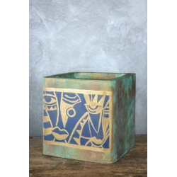Osłonka na doniczkę z abstrakcyjnym wzorem 30 × 30 × 30 cm – ręcznie malowana, turkusowa patyna i złote akcenty
